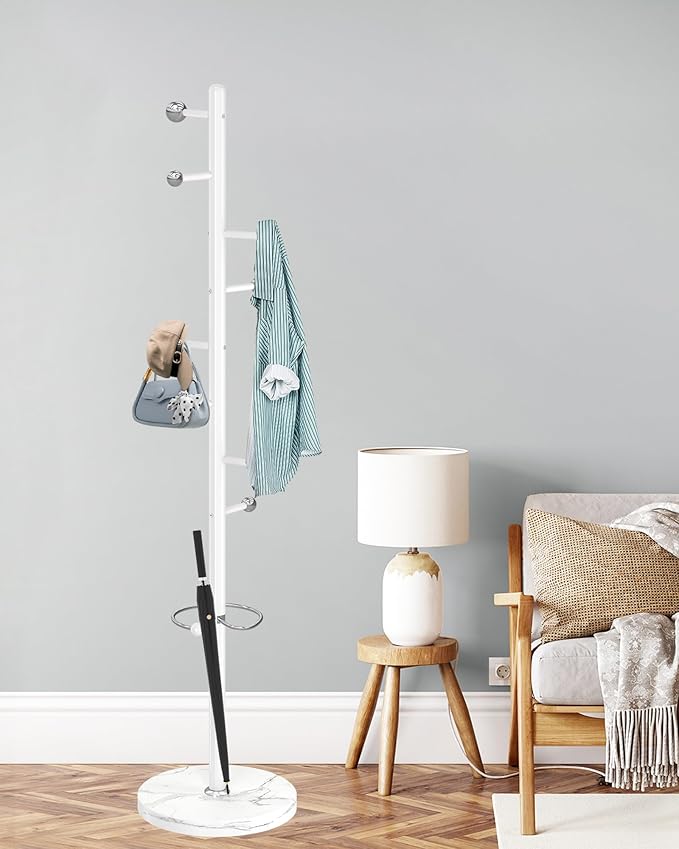 ZOZOE Metal Coat Rack Stand, Modern Coat Rack Freestanding with Natural Marble Base, Sturdy Industrial Coat Racks with 8 Hooks & Umbrella Holder,White Coat Tree Hanger Stand for Entryway,Office