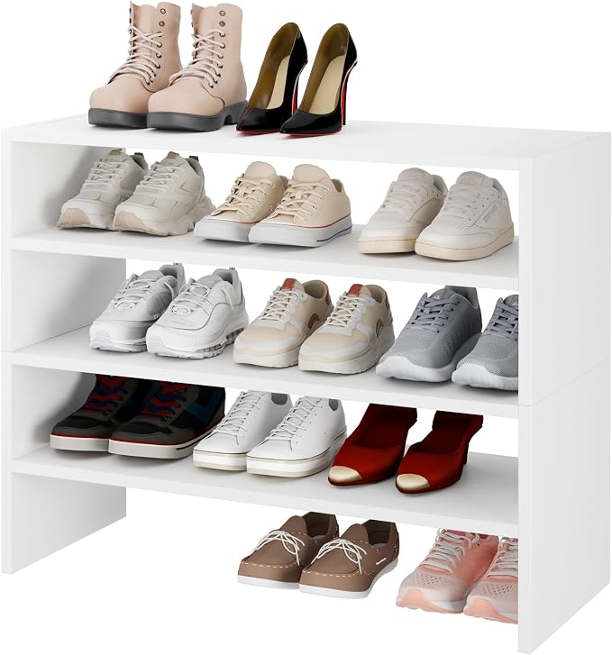 Whitmor Stackable 28" Extra Wide 2-Shelf Storage Organizer, Stackable Wood Combination Shoe Organizer Racks Shelves for Closets, Entryway, Hallway, Garage,White,2 Pack