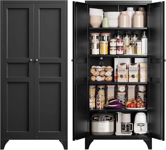 Yizosh Metal Pantry Cabinet,Tall Kitchen Pantry Storage Cabinet with Doors and Adjustable Shelves - 61" Black Cupboard Cabinet for Kitchen, Living Room,Dining Room,Home