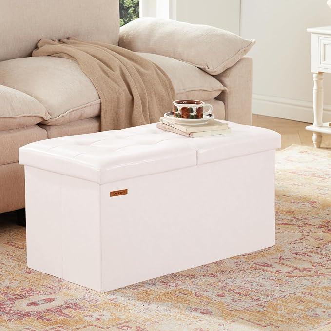 HAUSFRAU Ottoman with Storage Bench Folding Foot Rest Stool White | 30", Flip Lid, Faux Leather, Upholstered Foldable Footrest Footstool, Bedroom Bench, Living Room Dorm Ottoman, Rectangle
