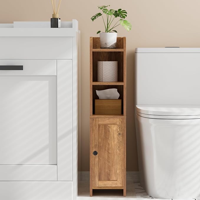 Homhedy Small Bathroom Storage Cabinet, Narrow Toilet Paper Cabinet | Corner Floor Cabinet with Door and Shelves, Slim Bathroom Cabinet for Small Spaces, 7.9" D x 7.1" W x 31" H, Rustic Walnut