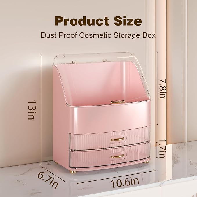 Makeup Organizer Countertop Vanity with Transparent Lid Drawers Waterproof Dustproof Cosmetic Skincare Bathroom Storage Gift for Women Teens Girls (Pink)