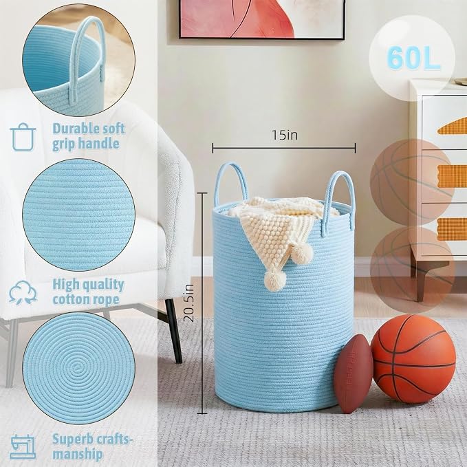 Laundry Basket,Woven Cotton Rope Laundry Hamper,60L for Decor Storage of Dirty Clothes,Toys and Blankets in Bathroom,Baby Room and Living Room
