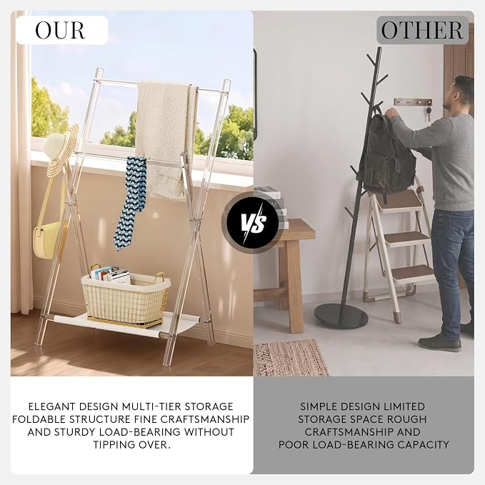 Acrylic Clothes Rack, Foldable Children's Clothing Rack,with Shelves Portable Coat Rack, Suitable for Entrance Hall, Bedroom, Living room, and Bathroom for Hanging Clothes of Babies and Pets.