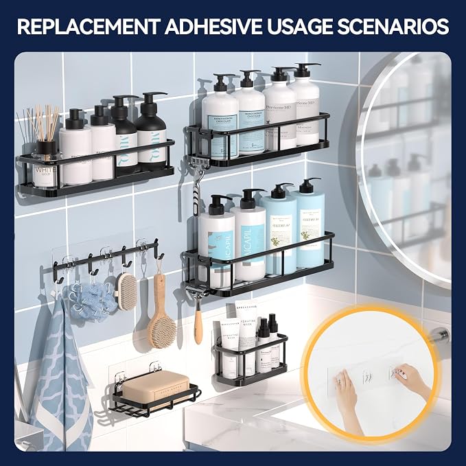 9-Pack Shower Caddy Adhesive Replacement - Transparent Shower Adhesive Strips, No Drilling Hooks for Bath Storage Shelves, Kitchen Racks, Basket & Soap Holder