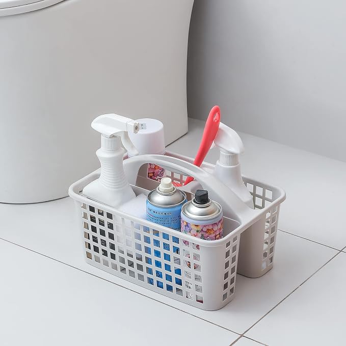 Portable Shower Caddy Basket Plastic Storage Basket with Divided Light Grey | Sturdy Large Capacity Cleaning Supplies Organizer Compartments Tool Bin for Bathroom Kitchen Bedroom College Dorm Essentials