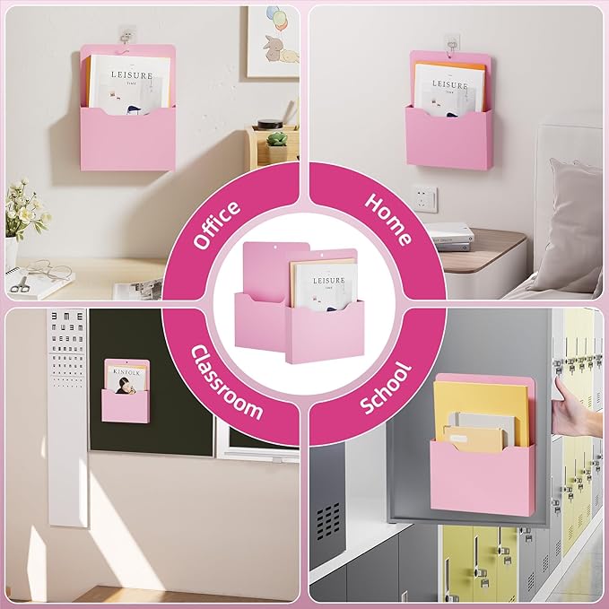 Marbrasse 2 Pack Magnetic File Holder - Paper Holder, Pocket Organizer,Hanging Wall File Organizer Office Supplies Storage, Magazine Mail Organizer Case for Notebooks,Planners,Letter (Pink)