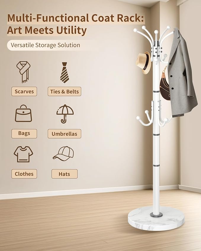 EZIVIEZ Modern Coat Rack Stand, 360° Rotary Metal Freestanding Coat Rack with Natural Marble Base, Black Coat Racks and Coat Hanger Tree Jacket Stand with 14 Hooks for Office, Entryway, Hallway