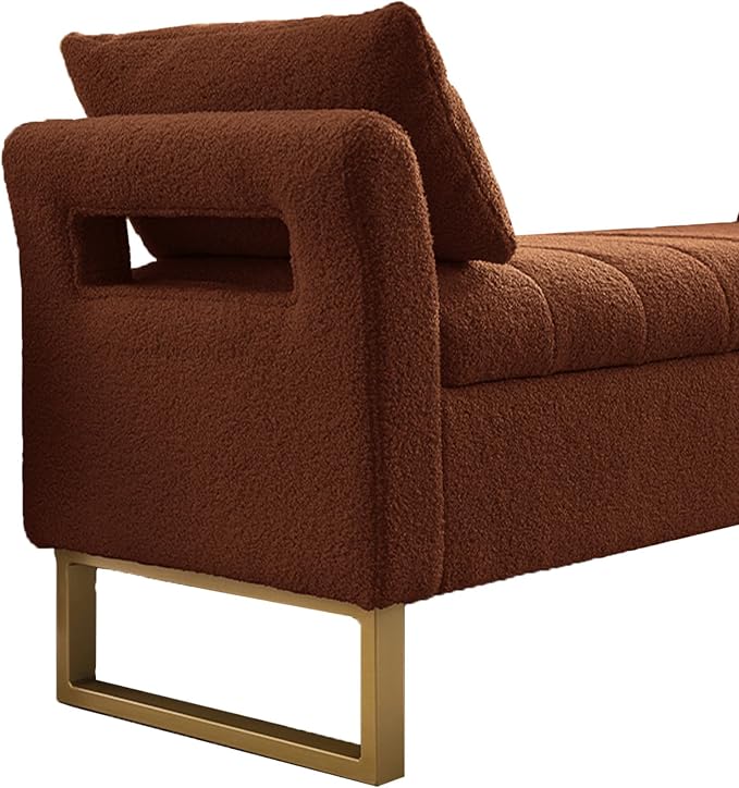 66" Storage Bench for Bedroom Upholstered End of Bed Bench King Size Brown | Long Bedroom Benches for Foot of Bed King,Teddy Storage Bed Bench with Gold Legs,2 Pillows for Entryway Windows Cloakroom
