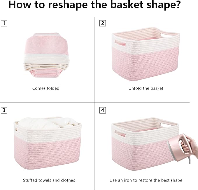 OIAHOMY 4 Pack Storage Basket, 13"x9"x7.8" Cotton Rope Baskets for Shelves, Closet Organizer for Bedroom & Living Room, Soft Decorative Bins for Organizing Towels, Books & Toys, Pink & White