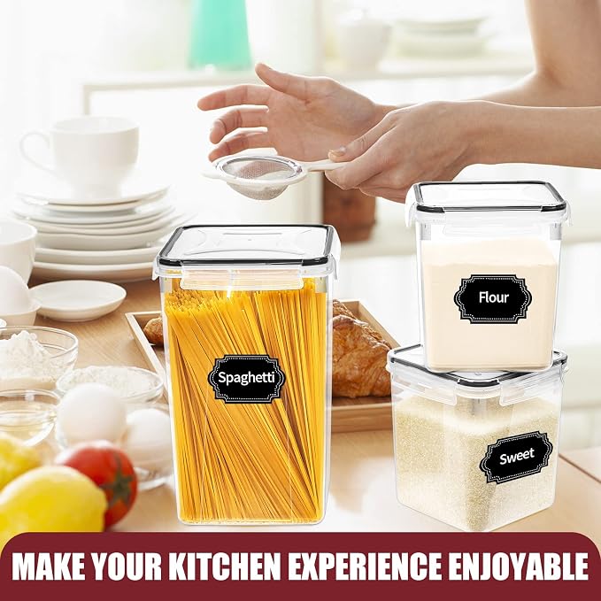 PRAKI 10 PCS Flour Sugar Storage Containers for Organizers and Storage | BPA Free, Airtight Food Storage Containers with Lids for Sugar, Flour, Baking Supplies, Versatile Kitchen Containers, Black