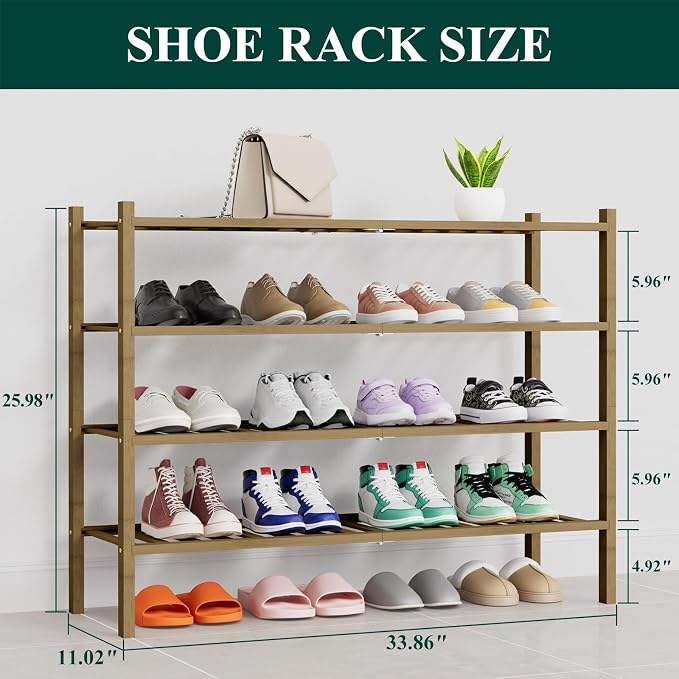 Smiry Bamboo Shoe Rack, 14 Vertical Slats, 4 Tier - 33.7" Wide, Walnut | Stackable Free Standing Wooden Shoe Organizer, Wood Shoe Storage Shelf for Closet, Entryway, Thicher Leg