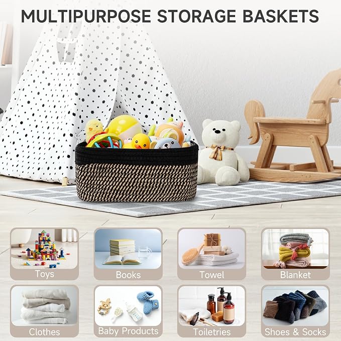 3-Pack Storage Baskets for Organizing | Woven Shelf Toy Basket | Rope Baskets for Gifts Empty | Closet Organizer Bins with Handles | Cube Decorative Box | 13.7×7.1×6.7” | Black Brown