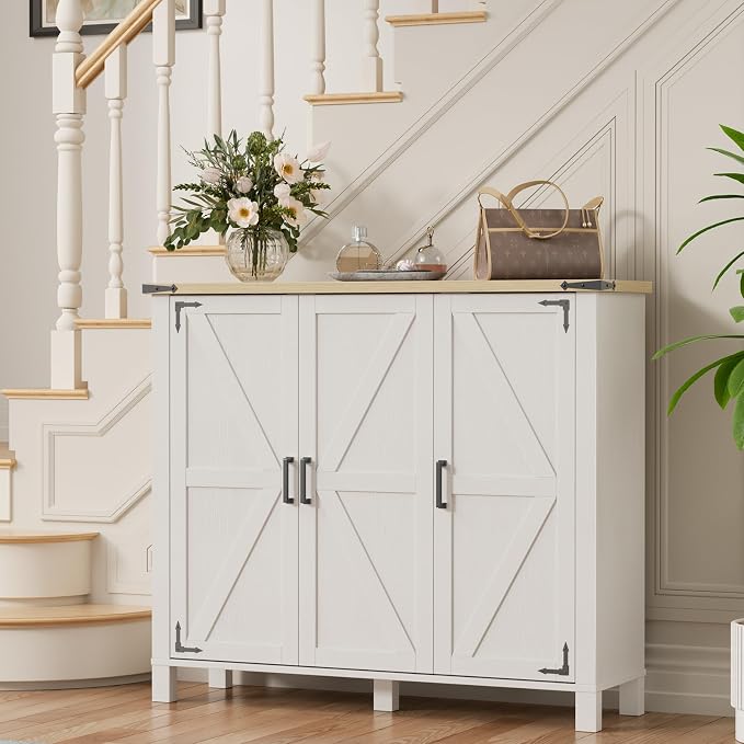 5-Tier Shoe Storage Cabinet, Farmhouse Shoe Rack Organizer Cabinet with 4 Adjustable Shelves & Side Cabinets, Freestanding Shoe Cabinet Storage with Anti-tip Fitting for Entryway, 47.3L×13.7W×40.7H