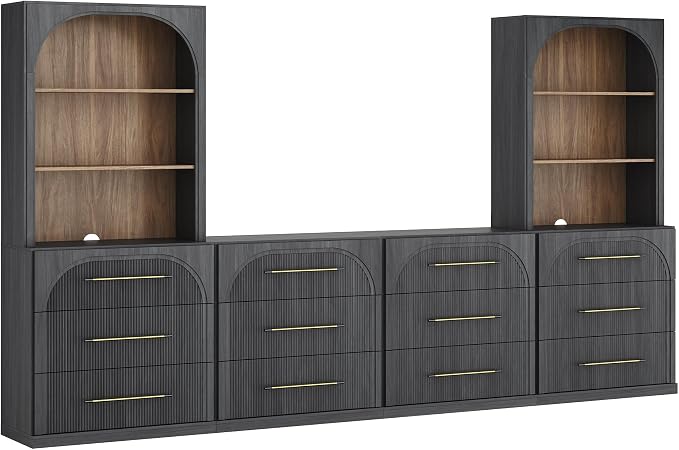 BELLEZE 6-Piece Modular TV Stand Set - 4 Sideboards with Drawers and 2 Storage Hutch, Classic Modern Media Console Table Cabinet for Living Room (Ebony)