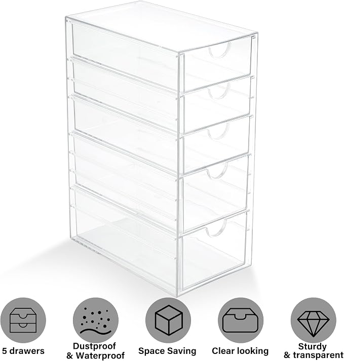 Prsildan Hair Accessories Organizer Acrylic Drawer with 5 Small Drawers | Clear, For Bathroom Vanity Office Desk, Jewelry Makeup Storage