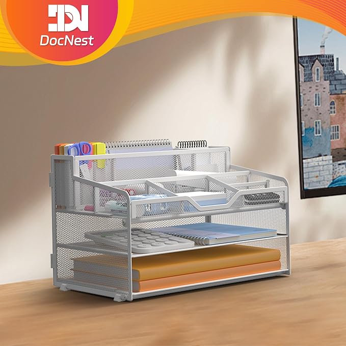 Docnest 3 Tier Mesh Desk Organizer with Letter Tray & Paper Sorter, White | Features 3 built-in pen holders & 5 adjustable compartments on top. Includes 4 non-slip rubber feet for desk protection