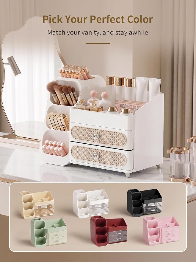 Booklov Large Makeup Organizer for Vanity Countertop, White | Plastic Cosmetic Display Case with Drawers, Beauty Brush Holder for Bathroom Counter, Skin Care Perfumes Storage