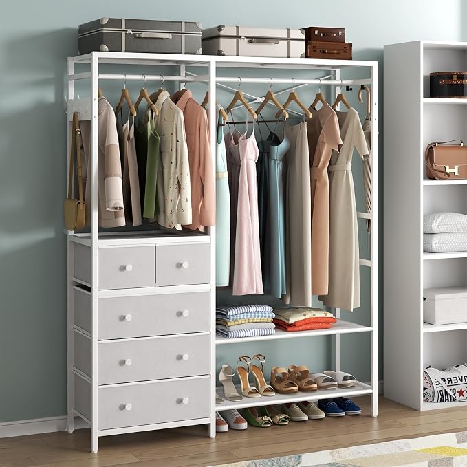 Freestanding Clothes Rack with 5 Drawers & 4 Storage Shelves,2 Hanging Rods | 59.1" W*70.9" H Heavy Duty Clothing Rack, Wardrobe Closet Organizer System with 5 Hooks, Garment Rack (White)