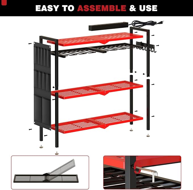 NattyDot Power Tool Organizer Cart with Charging Station, 8 Drills, Red | Freestanding Power Tool Cart Holds 8 Drills; Charging Station Powers Batteries while Sturdy Shelves Organize Garage Gear