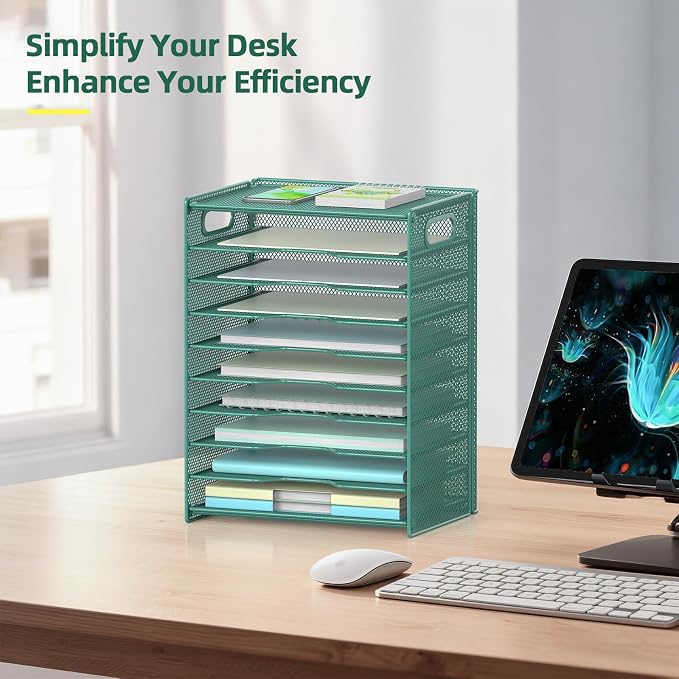 OUTWOLF 10 Tier Paper Organizer - Letter Tray Mesh Desk File Organizer with Handles for Office School Desktop, Green