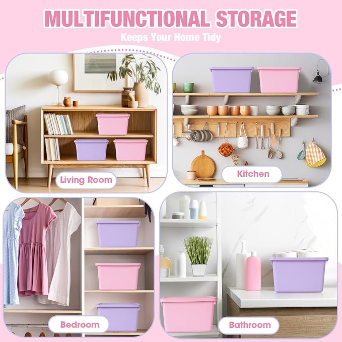 Potchen 6 Pack Small Stackable Storage Bins with Lids Plastic Storage Boxes for Classroom 9.8" ×7.3" ×5.7" Decorative Organizer Bins for Craft Art Office Teacher Supplies (Pink,Purple)