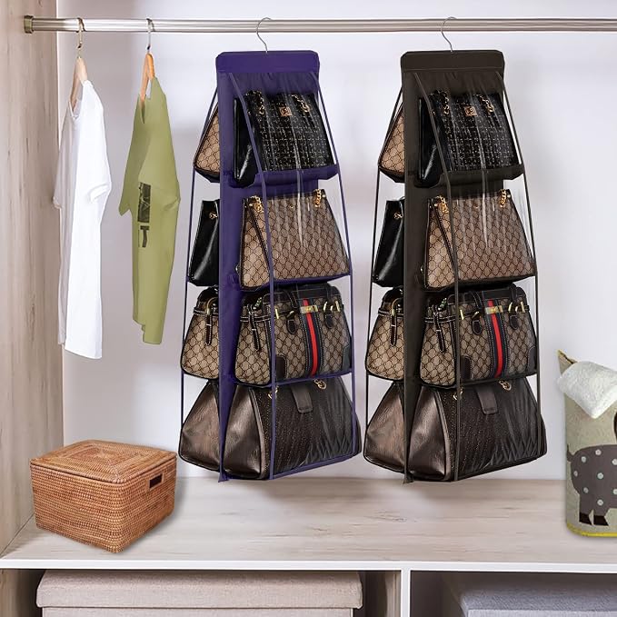 Lirex Handbag Hanging Purse Organizer for Closet, 8 Pocket Handbag Storage Organizer Hanger Oxford Cloth Closet Organizer for Family Closet Bedroom, Foldable and Universal Fit, Dark Brown