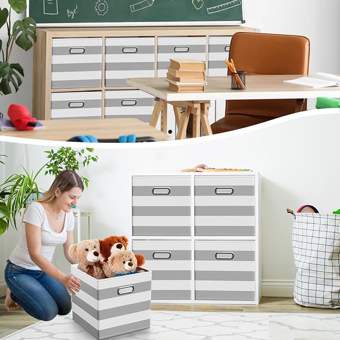 CroBlissful 11 Inch 6 Pack Fabric Storage Cubes with Metal Handles, Back to School Collapsible Organizer Bins for Classroom, Closet, Student Room, Toys and School Supplies (Grey and White)