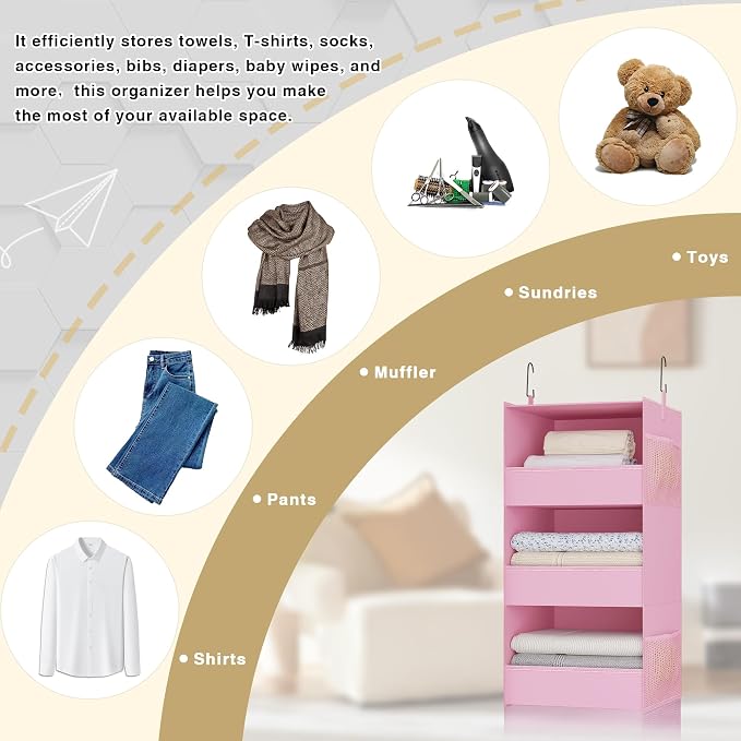 3-Shelf Hanging Closet Organizer, Washable Foldable Storage Shelves, Pink | Front lip keeps items secure; side pockets add room; Oxford fabric handles towels, shirts, baby items, dorms, RVs or travel.