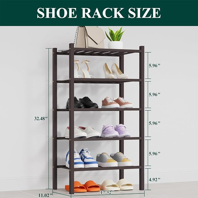 Smiry Bamboo Shoe Rack, 14 Vertical Slats, 5 Tier - 17.3" Wide, Brown | Stackable Free Standing Wooden Shoe Organizer, Wood Shoe Storage Shelf for Closet, Entryway, Thicher Leg