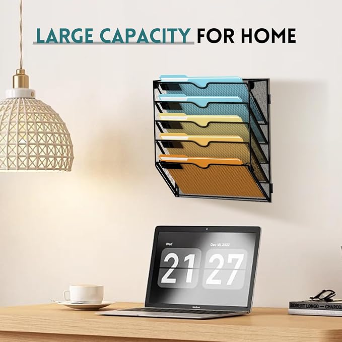 SUPEASY 5 Tier Wall File Organizer, Hanging Wall Mounted Mail Organizer with Label Slots, Metal Mesh File Holder Magazine Rack for Office, Home, School or Classroom, Black