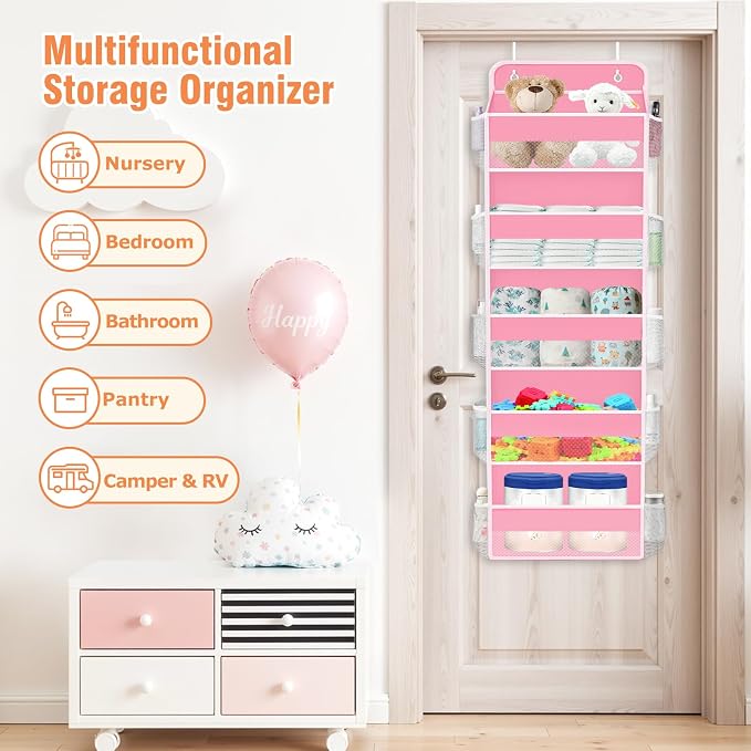 Over The Door Organizer Storage Large Capacity Hanging Bedroom Storage | 5 Shelves, 40 LB Capacity, Foldable Mesh Design, Clear Window, Sturdy, Large Storage Organizer for Nursery, Pantry & Closet