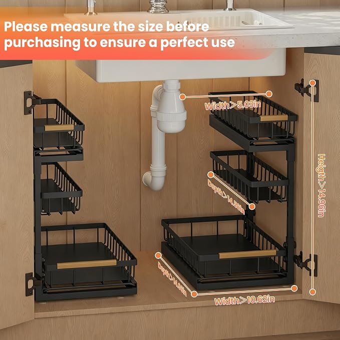 Under Sink Organizer and Storage for Bathroom and Kitchen - 2 Pack 3 Tier Under Cabinet Pull Out Shelf Organizers - Slide Out Drawer Organization for Home Cabinets Shelves and Drawers