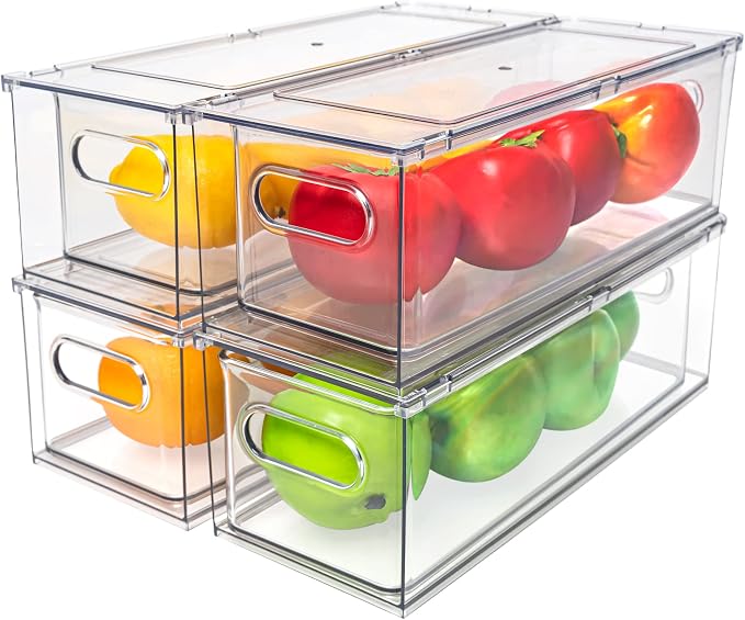 MANO Fridge Drawer Pull Out Stackable Bins with Handle Clear Refrigerator Drawers Organizer Food Storage Container Box Plastic Produce Saver for Pantry, Cabinet, Kitchen, Clothes(4Pack)