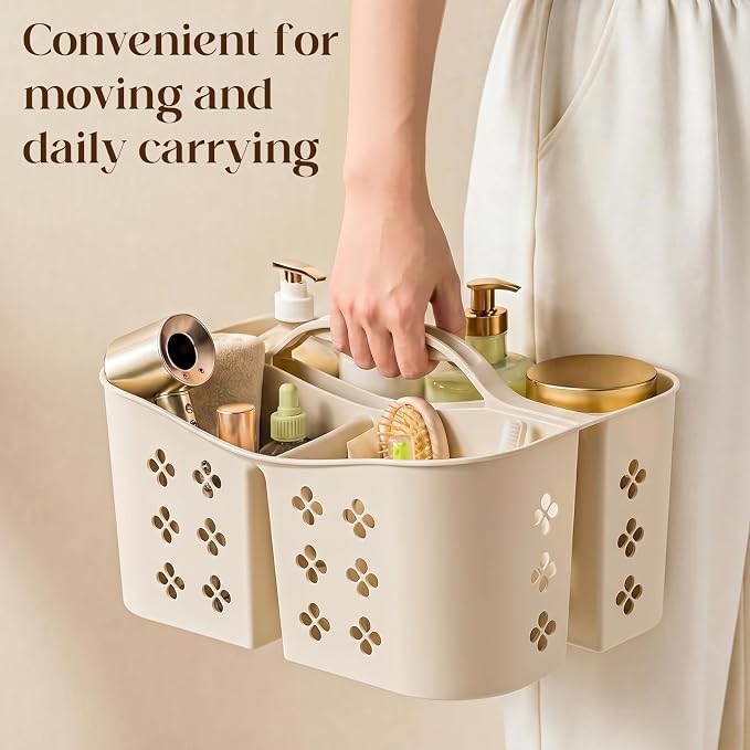 Portable Shower Caddy with Handle, Large Capacity Shower Basket Organizer, Quick-Drain Bathroom Storage Tote, Durable Plastic Shower Organizer for College Dorm, Beach, Gym, Travel Essentials, Beige