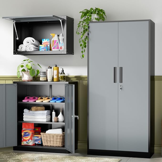 INTERGREAT Metal Storage Cabinet, 72" Locking Steel Cabinets with 2 Door and 4 Adjustable Shelves, Tall Metal Cabinet for Home Office, Garage, Warehouse,(Black+Grey)