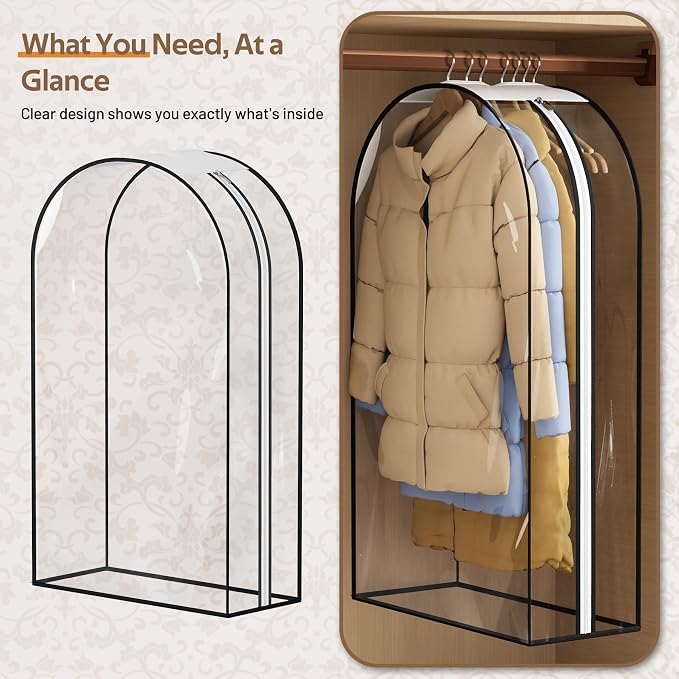 MISSLO 10" Gusseted All Clear Garment Bags for Hanging Clothes 3 Packs 40" Suit Bags for Closet Storage Hanging Clothes Storage Suit Cover for Shirts, Coats, Dresses