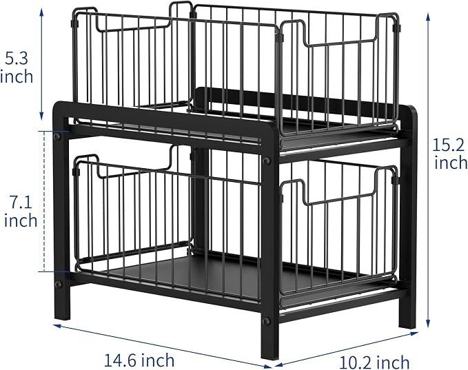 NPPLUS 2 Tier Black Under Sink Organzier With Sliding Drawer | Iron Under Sink Cabinet Organizers Pull Out Home Storage For Bathroom Kitchen Desktop