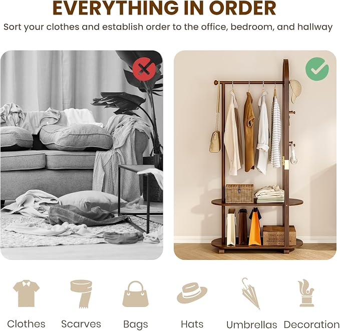 31.5" Wide 3-in-1 Freestanding Clothing Rack,Wooden Coat Rack with 2 Shelves and 6 Hooks,Solid Rubber Wood Coat Rack with Shelves for Entryway, Bedroom, Living Room, Walnut