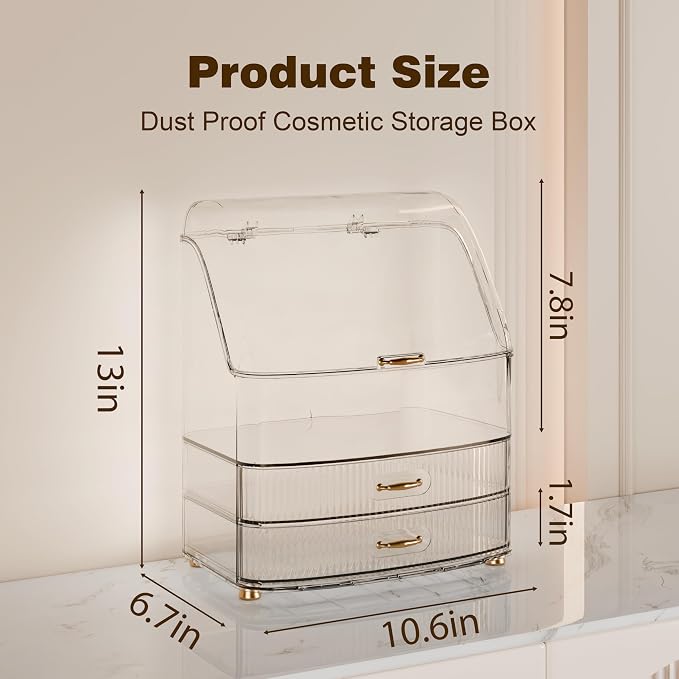Makeup Organizer Countertop Vanity with Transparent Lid Drawers Waterproof Dustproof Cosmetic Skincare Bathroom Storage Gift for Women Teens Girls (Clear Whtie)