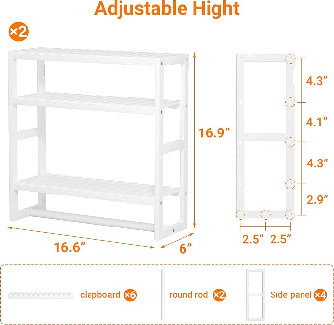 Towel Rack Bathroom Storage Shelves Over The Toilet with Towel Bar 100% Bamboo Adjustable Height Floating Shelf Wall Shower Shelf for Small Space Bathroom Kitchen Multi Usage White New 2Pack