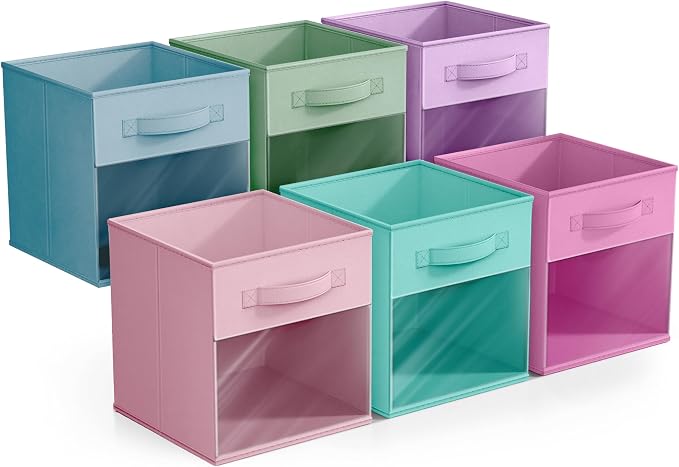 Sorbus 11 Inch Storage Bins with Clear Window - 6 Foldable Baskets for Organizing Clothes, Toys, Books - Sturdy Collapsible Fabric Storage Cubes with Handle - Storage Baskets for Shelves, Closets