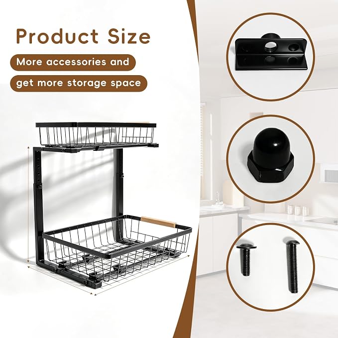 2-Tier Pull-Out Under Sink Organizer, Height Adjustable Sliding Shelf, Heavy Duty Carbon Steel, Wooden Handle & Suction Cup Base, Rust-Proof & Anti-Shake, for Kitchen Bathroom, Black (black)
