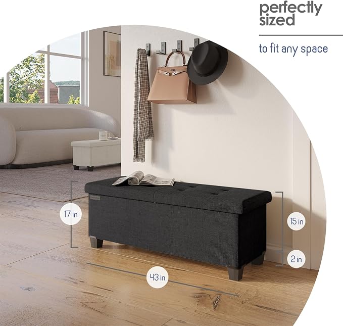 Storage Ottoman Bench with Bins, 43-in Storage Bench for Bedroom End of Bed, Folding Foot Rest Ottoman for Living Room Max 660lbs, Fabric Ottomans, Black