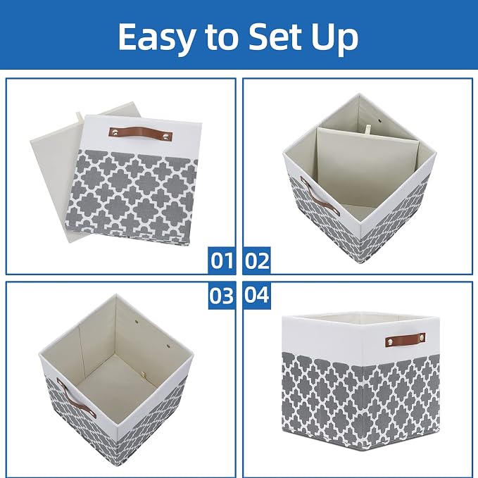 Temary 12x12x12 Fabric Storage Bins 4 Pack with Leather Handle, Foldable Cubes Storage Box Baskets for Closet, Shelf (White&Lattice)