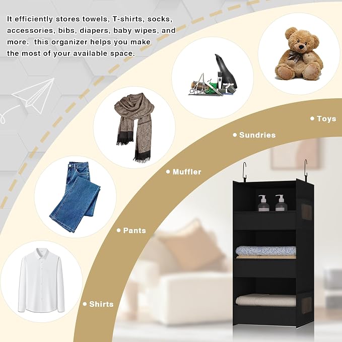 3-Shelf Hanging Closet Organizer, Washable Foldable Storage Shelves, Black | Front lip keeps items secure; side pockets add room; Oxford fabric handles towels, shirts, baby items, dorms, RVs or travel.