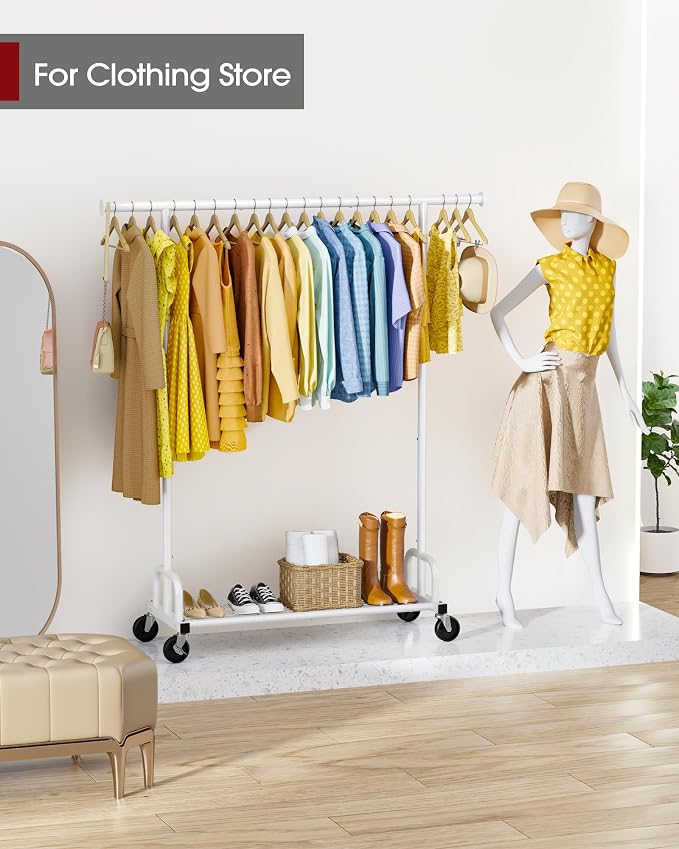 Sakugi Clothes Rack - Large-Capacity Clothing Racks for Hanging Clothes with Lockable Wheels, Space-Saving Metal Coat Rack for Bedroom, Laundry Room, Entryway, 45.6" x 16.9" x 59", White