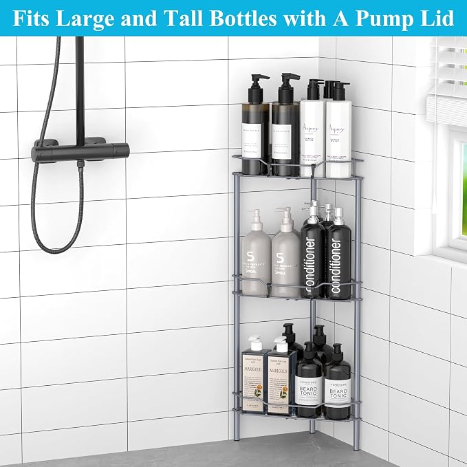 HuggieGems 3 Tier Floor Standing Corner Shower Caddy Organizer Shelf with Hooks, Bathroom Shelves Stand Rack, Dark Gray