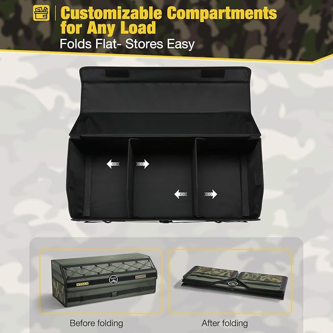 Fyzeoty Car Trunk Organizer for SUV and Sedan, Tactical‑Green, 29.5 in | Tactical & Aerospace Oxford, Extra‑Large, Hinged Lid, Collapsible & Adjustable, Water‑Resist & Dust‑Proof