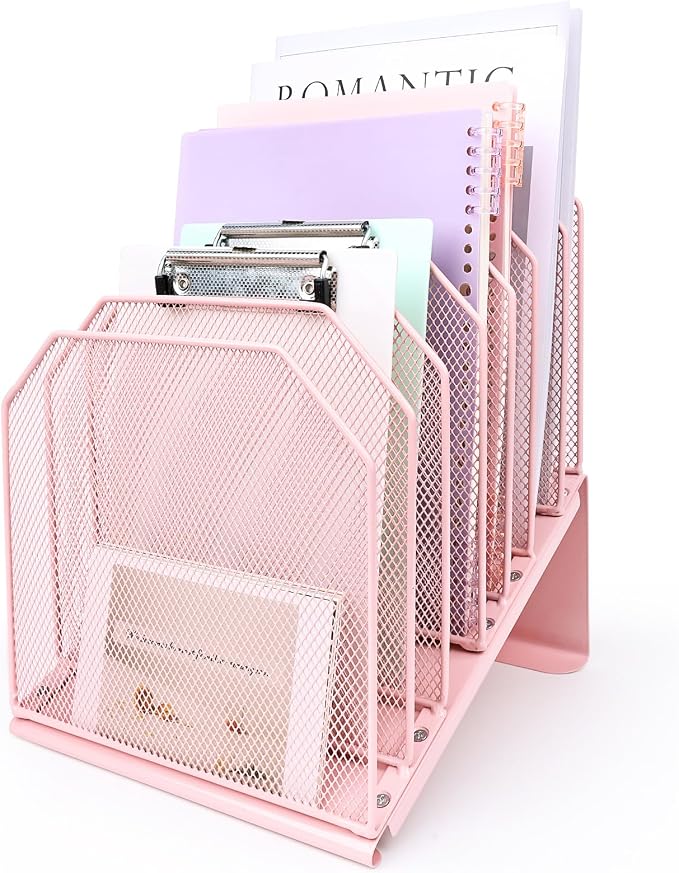 SUMMORO Inclined File Organizer for Desk, 7-Tier Vertical File Folder Holder Office Desk Organizer Metal Rack File Wire Mesh Desktop Document Sorter for Office School Classroom Home (Pink)